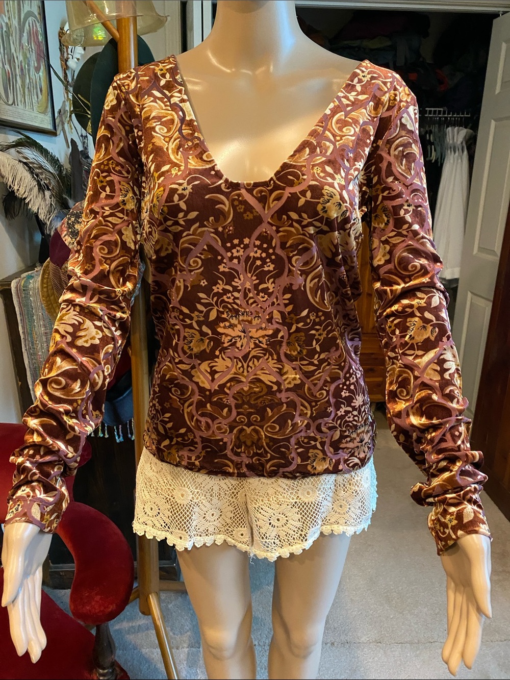 Free People Burgundy and Gold Velvet V-Neck Long Sleeve Top